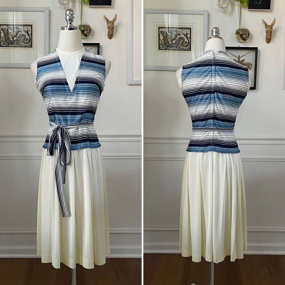 Vintage 60s Blue Variegated Stripe Sleeveless Dress S - Picture 1 of 8